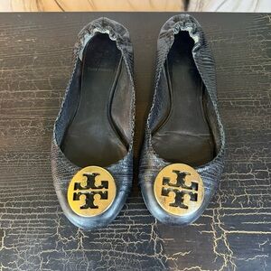 Tory Burch Textured Black Flats with Gold Emblem